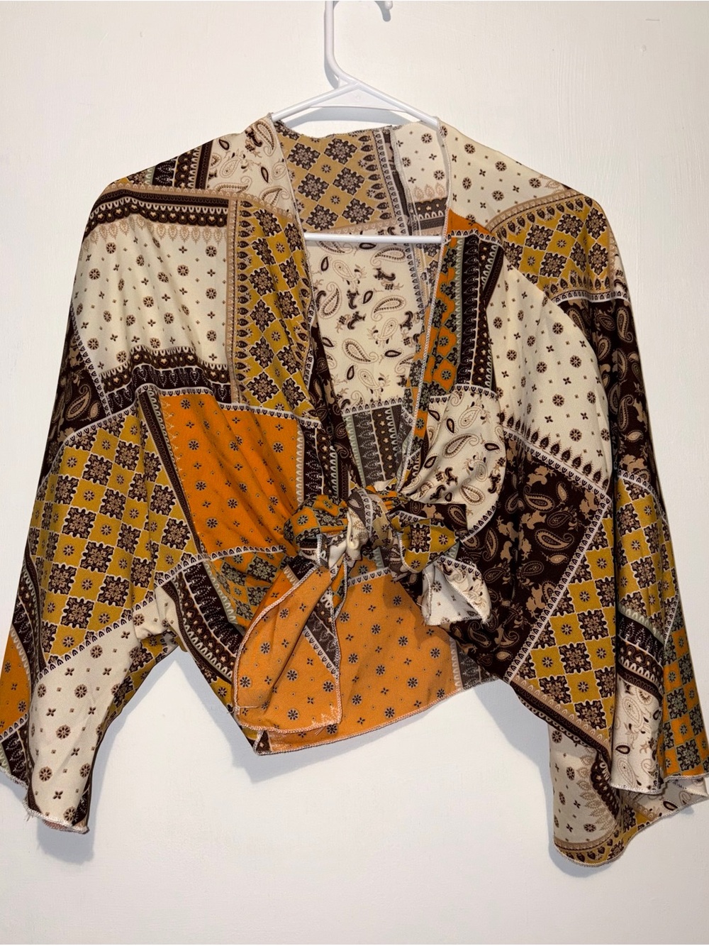 Woman’s Boho Patchwork Tie-Front Top in yellow Cream & Brown satin cropped top